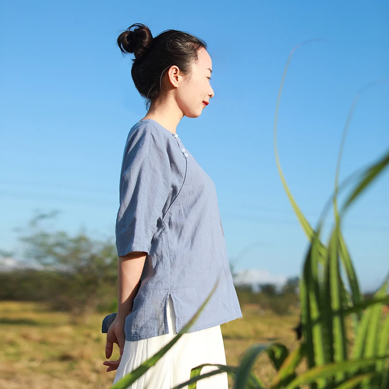 LZJN  Women Shirts Chinese Style 2019 Summer New Casual Blouses Beaded Half Sleeve Loose Cotton Linen Tops (13)