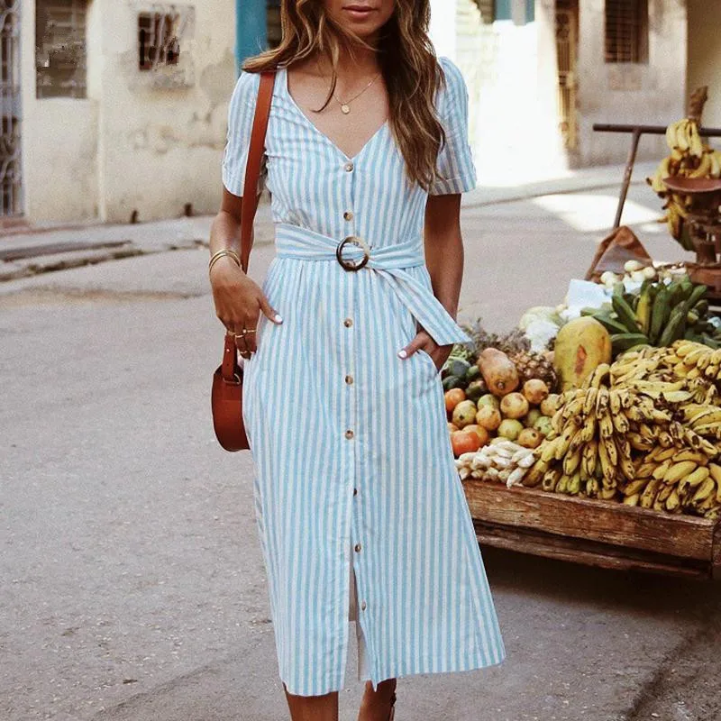 

2019 Casual dress Stripped V neck button midi dress Fasion summer clothes for woman vestidos casuales de verano marca moda mujer