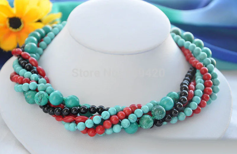 

W&O655 >6row 18" red coral black agate blue turquoise bead NECKLACE #@