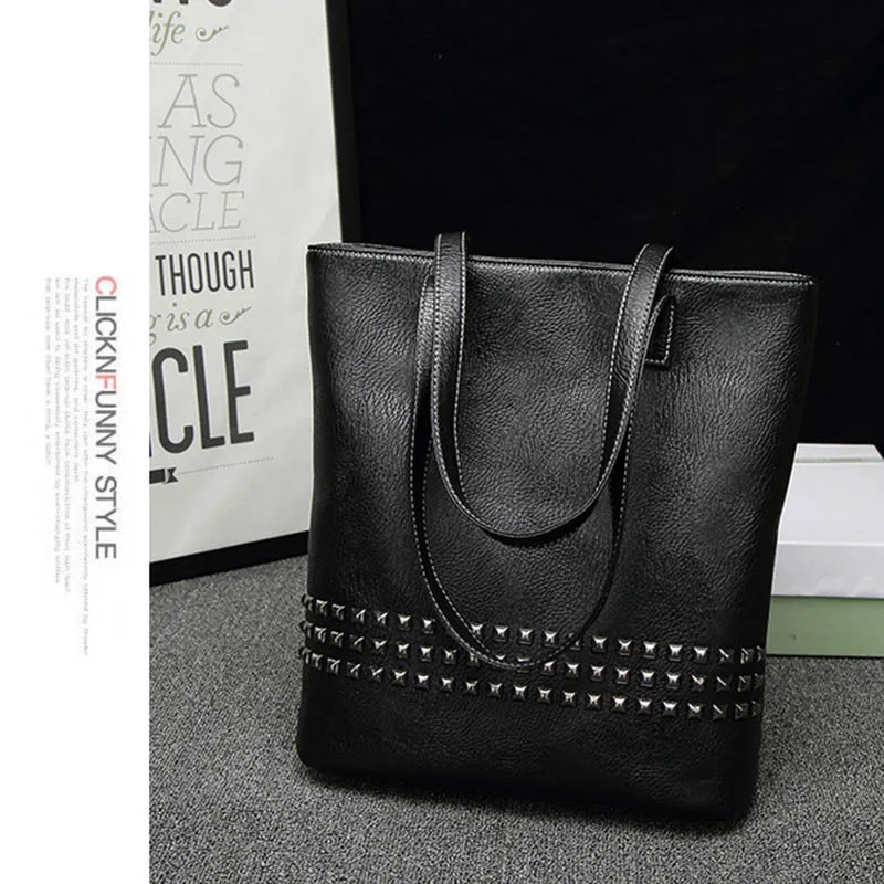 HEBA-женская сумка из искусственной кожи, осенняя сумка, большой размер, женская сумка на плечо, Повседневная винтажная сумка, Повседневная сумка с заклепками(черная - Цвет: Black