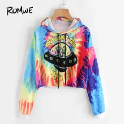 ROMWE Tie Dye водный цвет графический принт Crop Hoodie для женщин Повседневное осень с капюшоном топы корректирующие спортивная одежда длинными