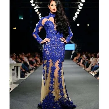 

Elegant Royal Blue Lace Appliques Evening Prom Gown High Neck Long Sleeve Mermaid Dress for Wedding Party Custom Made