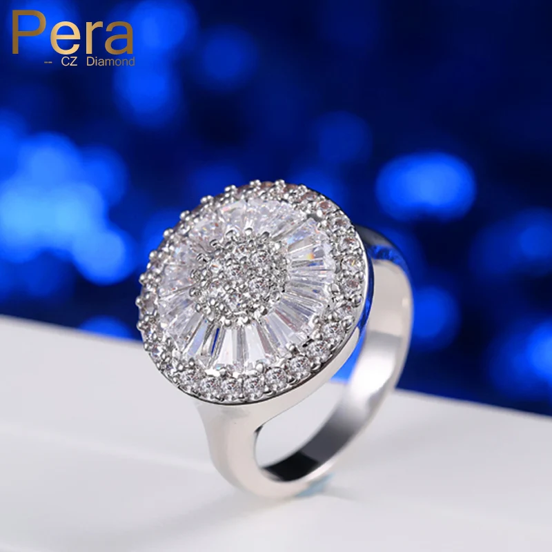 Pera Новая мода дизайн большой прозрачный Белый Micro Pave AAA+ кубический цирконий Сверкающий Круглый Серебряный цвет обручение вечерние кольца R065