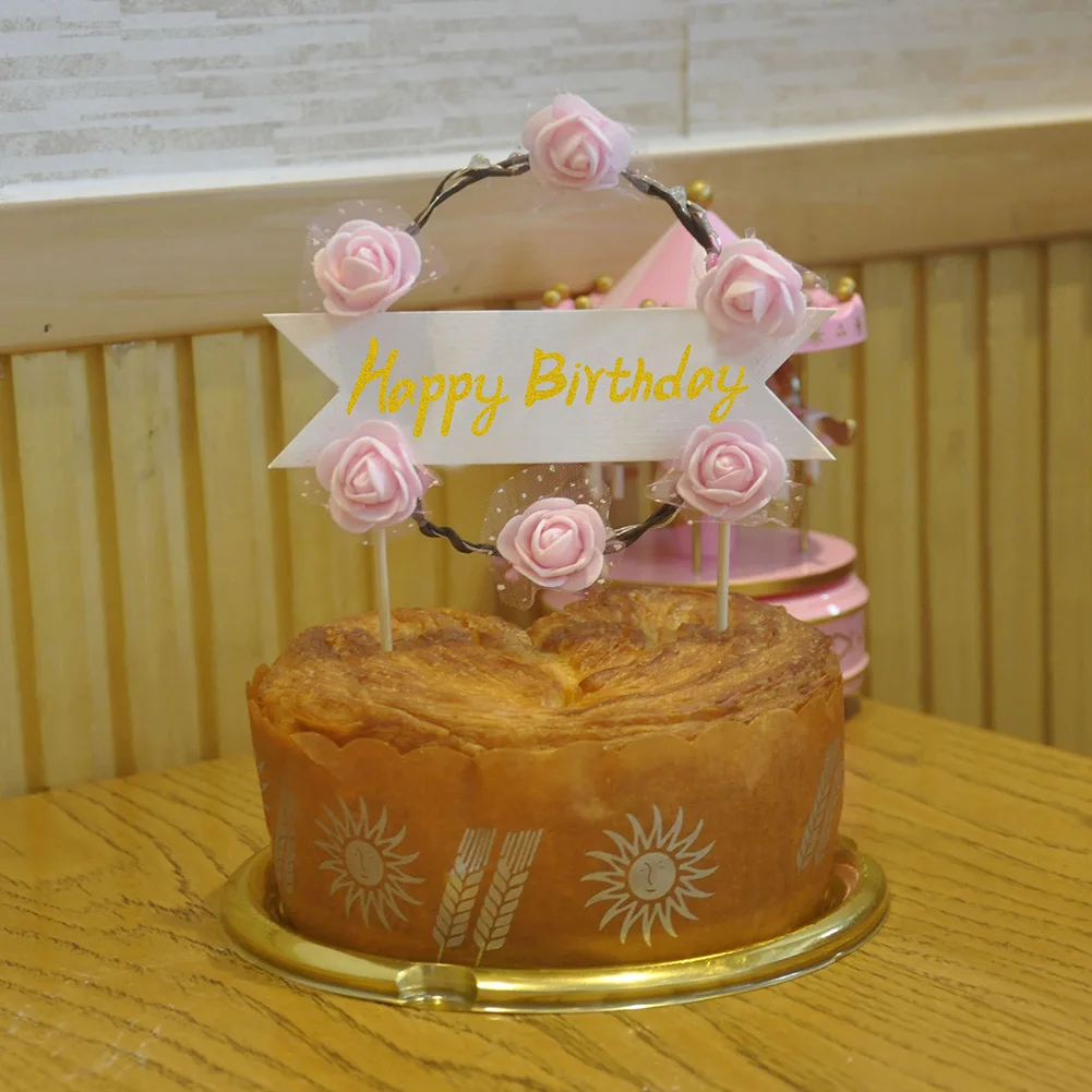 Party Supplies Birthday Dessert Reusable Anniversary Exquisite Cake Topper Romantic Flower Garland DIY LED Lighting Gift Flag