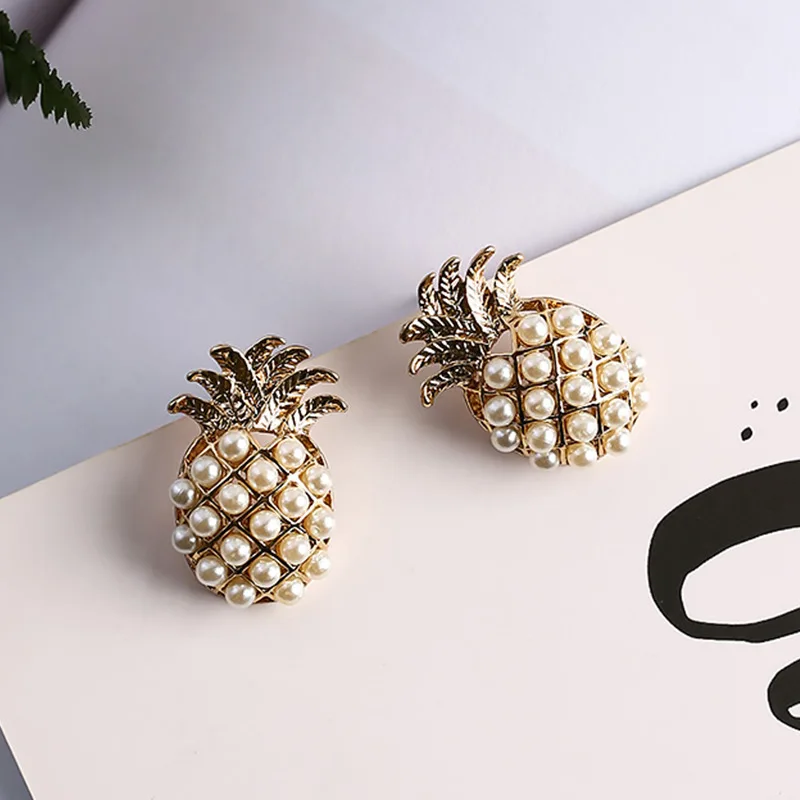 Простой золотистый ананас серьги-гвоздики в форме фруктов имитация жемчуга полые серьги для женщин модные ювелирные изделия Brincos A6313 - Окраска металла: image