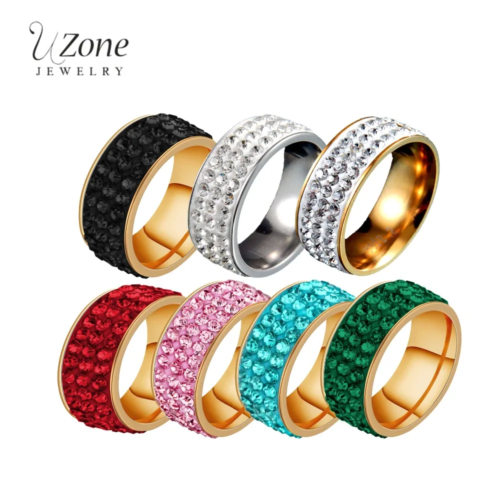 

UZone 7 Colors 3 Row Lines Clear Crystal Wedding Ring For Women Stainless Steel Engagement Rings Fashion Rhinestone Jewelry