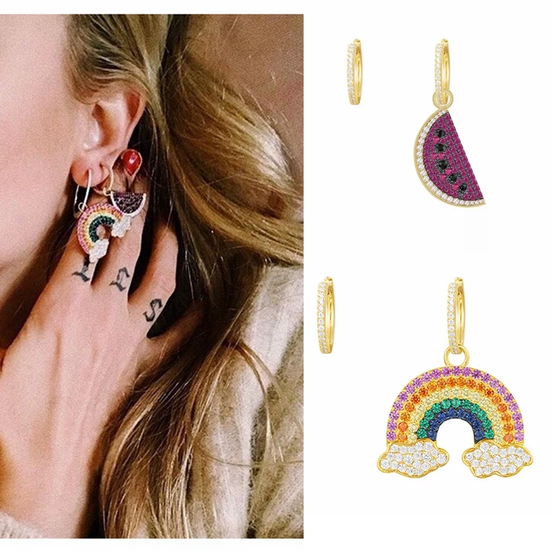 

New Zircon Fruit Watermelon Colorful Rainbow Cuff Earring Pure 925 Sterling Silver Zircon Charm Asymmetry Earring Monaco Jewelry