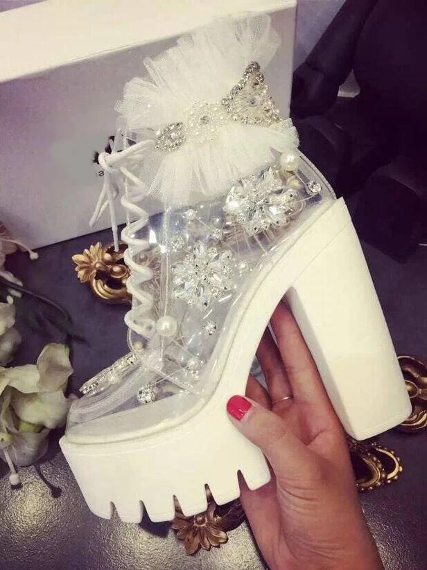 

Sweety Clear Hollow Lace Chunky Heel Platform Boots Round Toe Ankle Strap Crystal Embellished New Arrivals Air Permeable Shoes