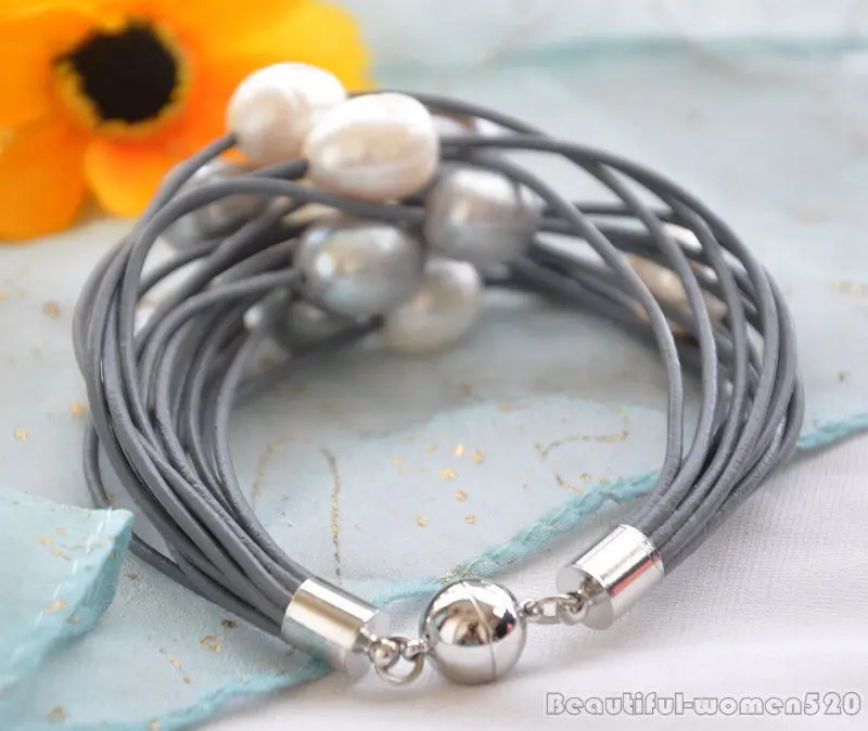 

15 strands 13mm white rice pearl gray leather bracelet 8inch