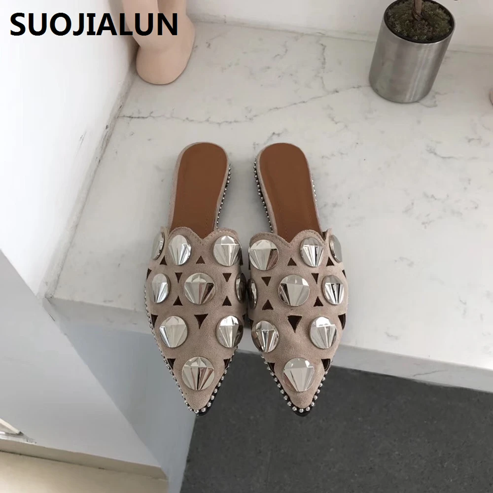 

SUOJIALUN Women Mules Pointed Toe Half Slipper Crystal Women Slides Ladies Flat Mules Slides Outdoor Casual Bling Shoes