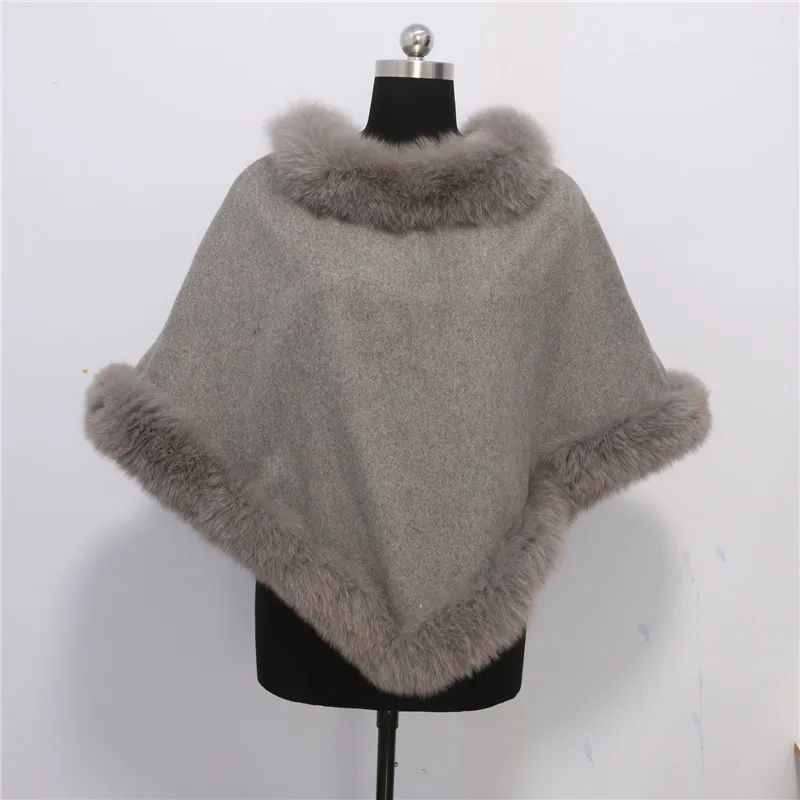 

Free shipping Women's winter New Design Cashmere& fox fur cape Lady Cashmere with Big Genuine Fox Fur trim Shawl