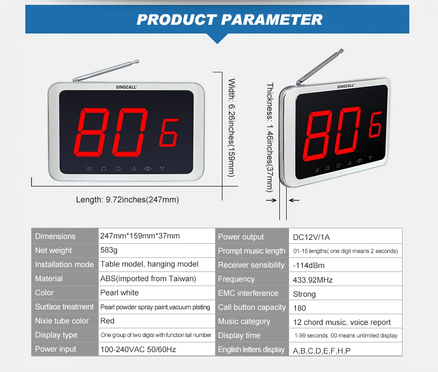 SINGCALL Wireless Paging System, APE1200 Display Receiver, for Mobile Cabin Hospital,Supermarket,Cinema