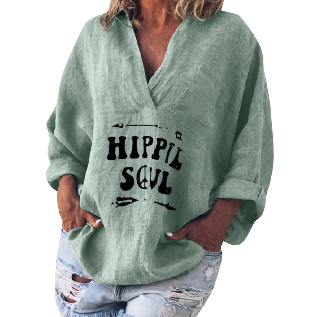 Женская футболка из хлопка и льна с забавными буквами, с v-образным вырезом, с длинным рукавом, повседневный Зимний пуловер, Женский Топ, футболка размера плюс, 19Jl - Цвет: Green