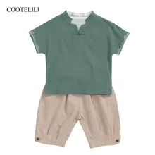 COOTELILI/комплект летней одежды из хлопка и льна для мальчиков-подростков, одежда для маленьких девочек топы из 2 предметов+ шорты, футболка с короткими рукавами