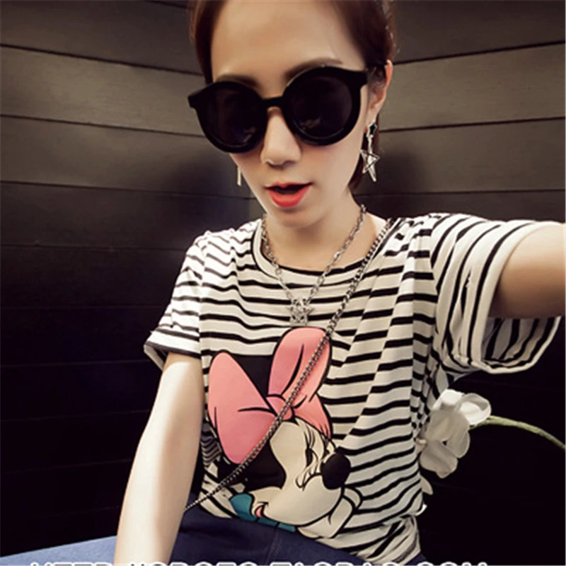 

Short Sleeve Mickey Print T Shirt Women Summer Fashion Casual Style Tee Shirt Femme Striped Color Camisetas Feminina micky mouse