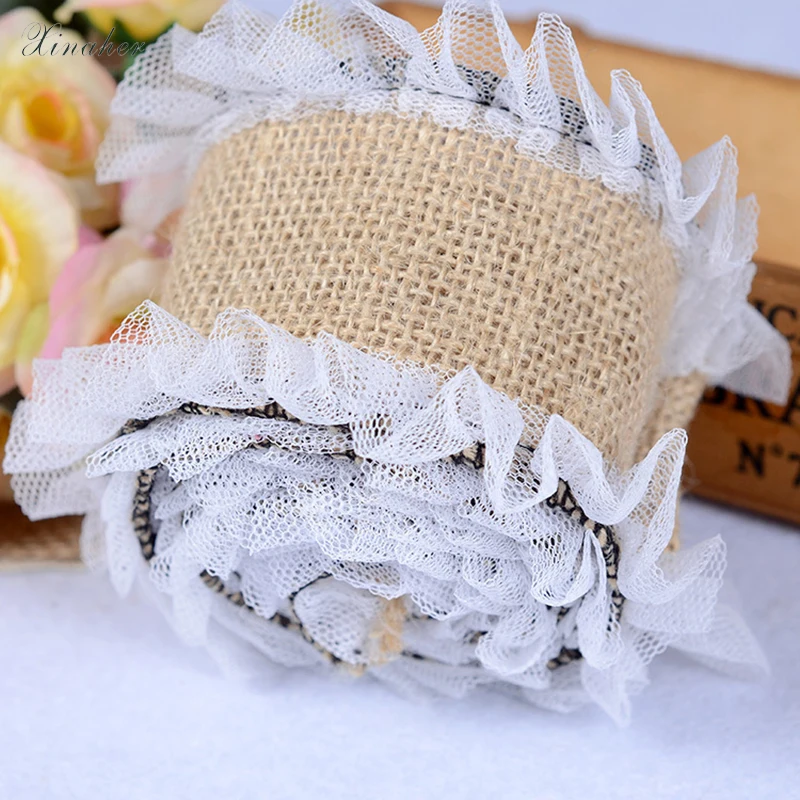 

2.5cmx2M Natural Jute Burlap rolls Hessian Lace Ribbon Roll white lace trim Edge rustic wedding vintage wedding party decoration