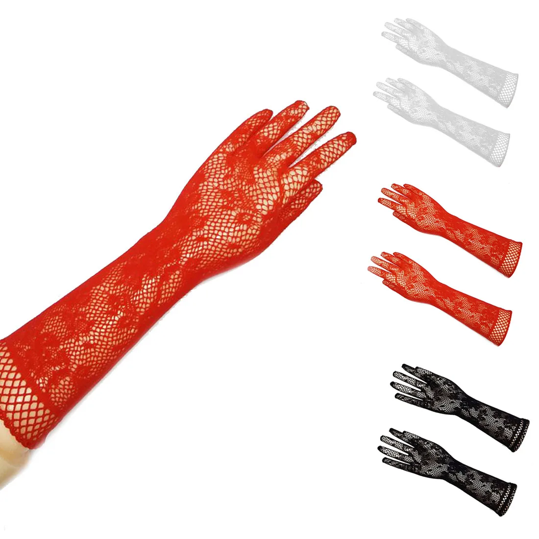 

Women Sexy Transparent Lace Elastic Gloves Satin Bow Trendy Stretch Opear Bride Elbow Length Fishnet Long-Sleeve Gloves