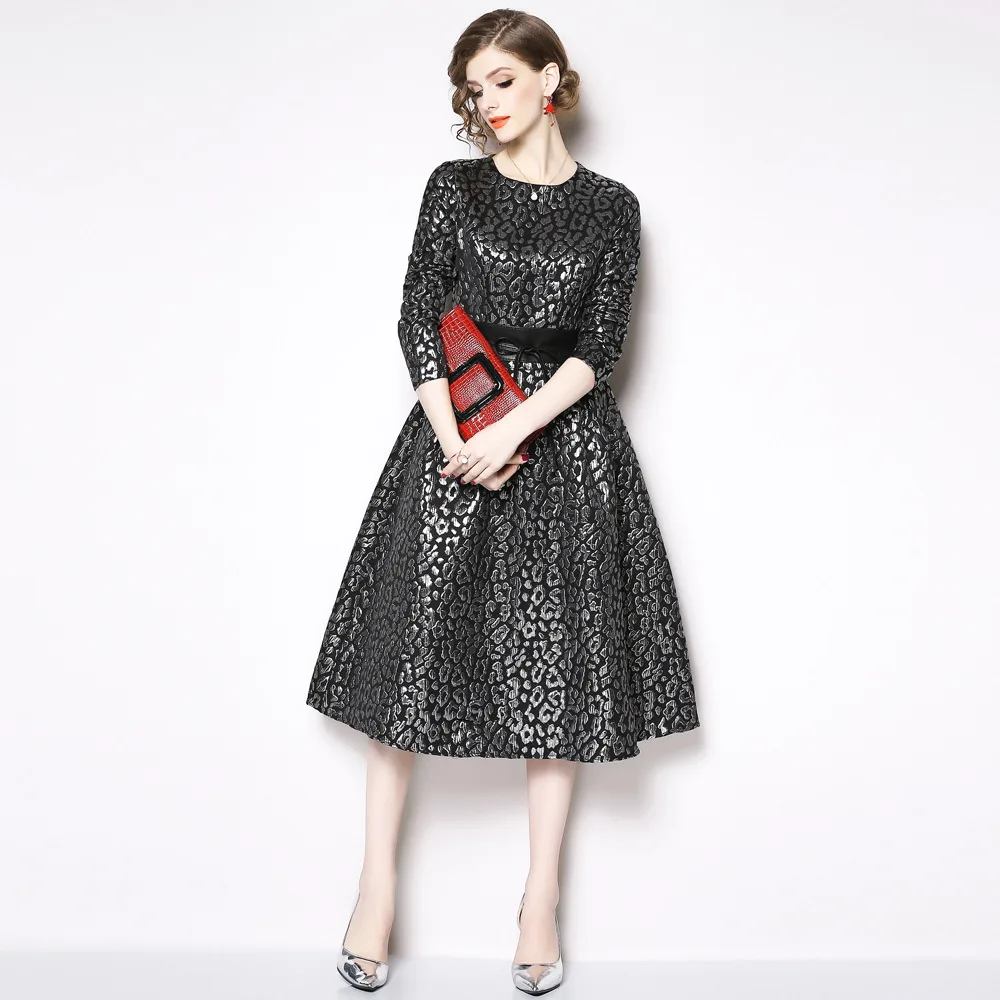 

Jacquard 3/4 Sleeve Bow Slim Tunic Draped Midi Dress Women Elegant Vintage Office Party Fashion Beach Dress Spring Clothes Black