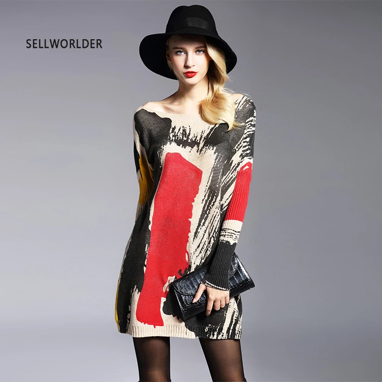 

2019 SELLWORLDER Casual Thin Slash Neck Print Batwing Sleeve Big Size Sweater