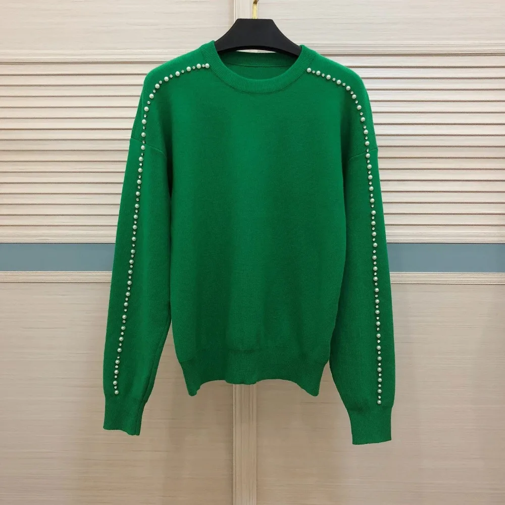 New European Style Women's Sweater O-neck Long Sleeve Pullovers Individuality beading Sleeves Knitting Tops Green Black Sweater Sweaters