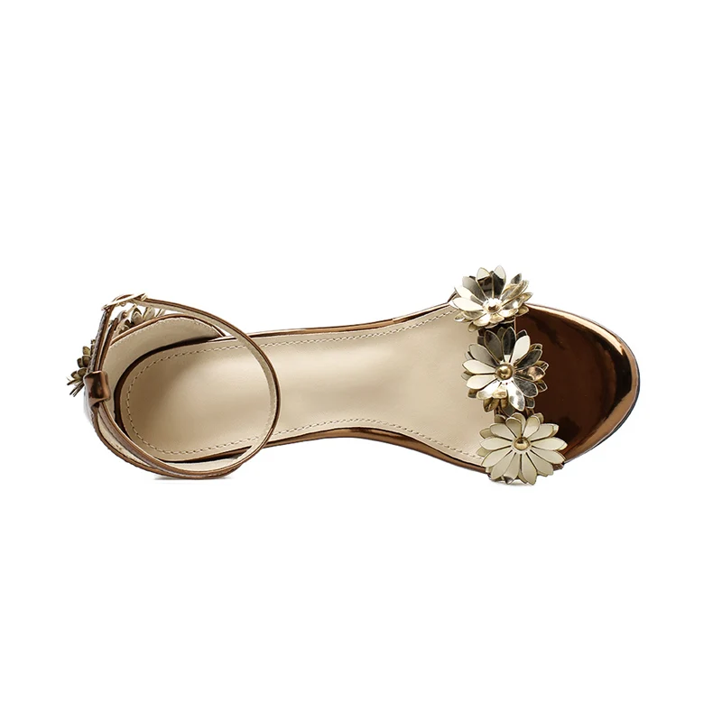 Летние женские блестящие босоножки на высоком каблуке 11,5 см с золотыми ремешками и открытым носком, украшенные цветком, Женская Фетиш-обувь, женские туфли-лодочки на шпильке на День святого Валентина