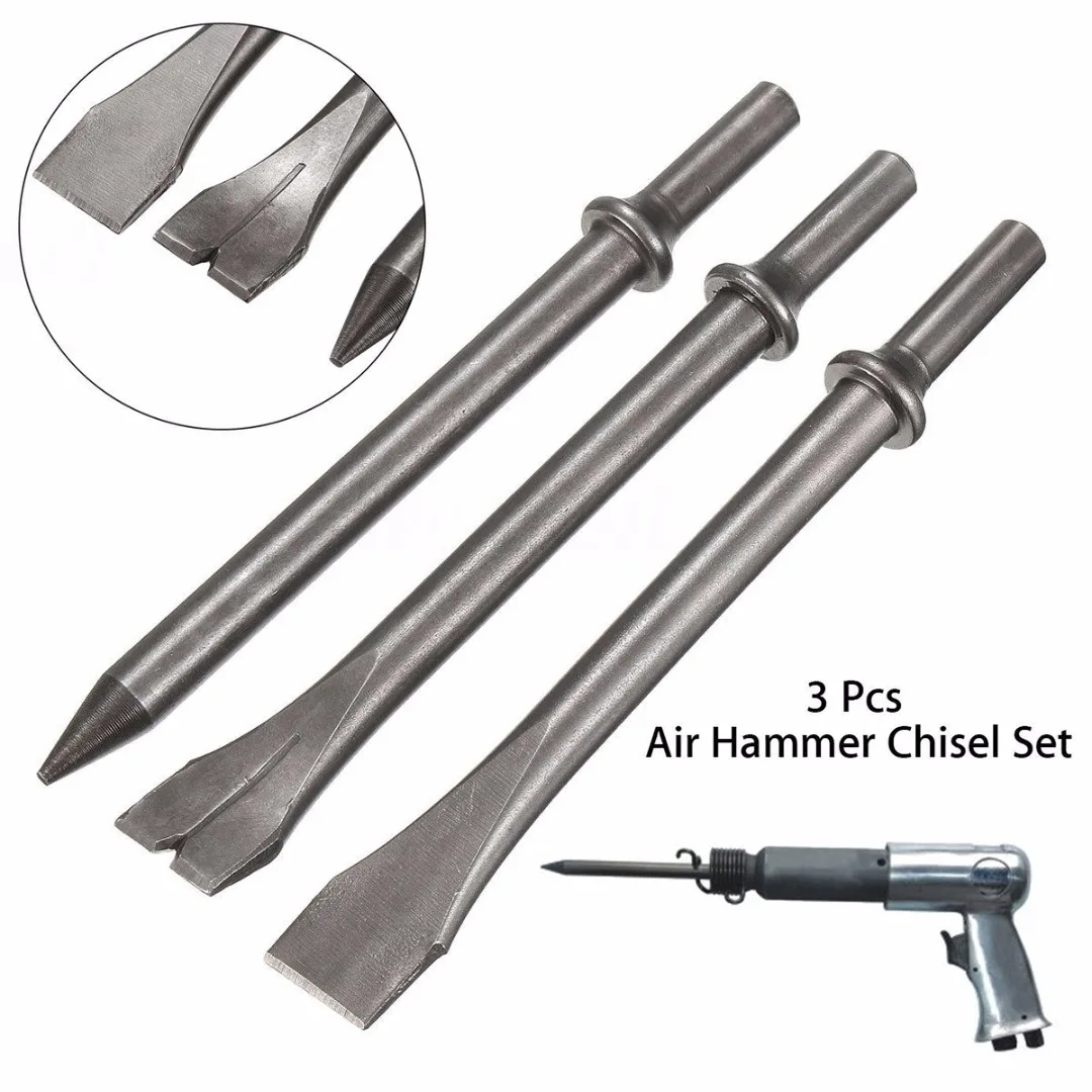 3 Pcs 7'' Length Air Hammer Punch Chipping Chisel Long Bit Set Round Bar Tool Pneumatic Tools