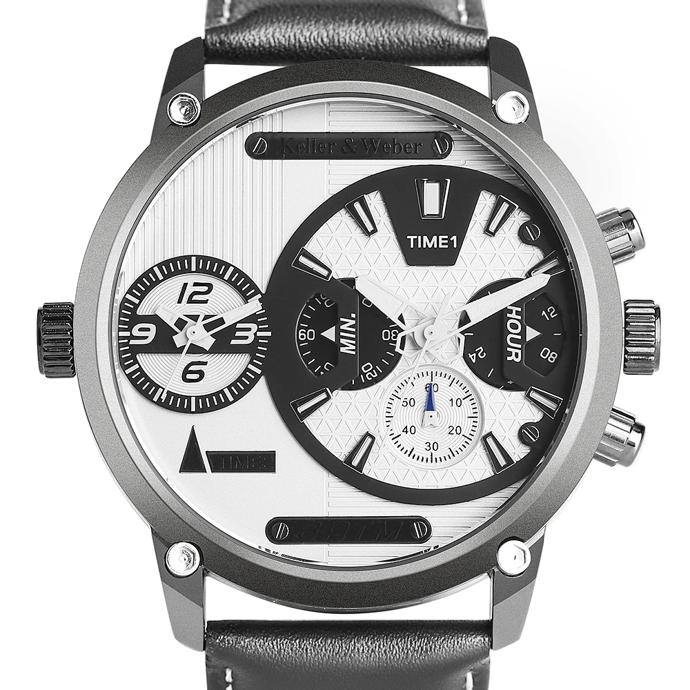 Keller & Weber Business Men's Watches Dual Time Zone Quartz Wrist Watch Genuine Leather Band Male Wirst Clock  (4)