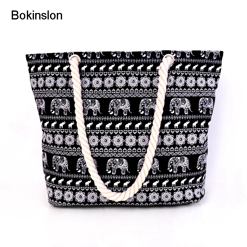 

Bokinslon Casual Bags For Woman Popular Canvas Female Shoulder Bags Large Capacity Printing Women Cotton Rope Bags
