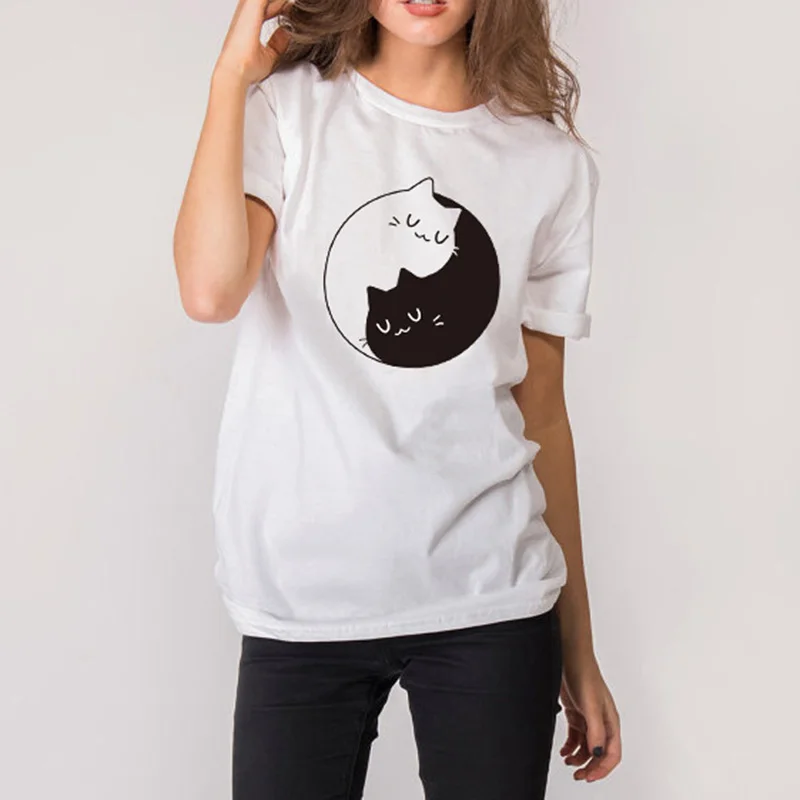 

Summer Plus Size 4XL T Shirt Women Cartoon Cat Tai Chi Printed Tee Shirt Femme Girls Camiseta Mujer Tops Street White T Shirt