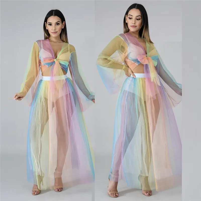 

Sexy Two Piece Dress Women Bow Tie Sheer Mesh 2 Piece Crop Top and Skirt Set Suit Party Club Two Piece Set Summer Beach Outfit