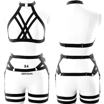 

Body Harness Set Belt Garter Black Pentagram Sexy Bondage Hollow Bra for Women Elastic Festival Halloween Dance Cosplay Wear