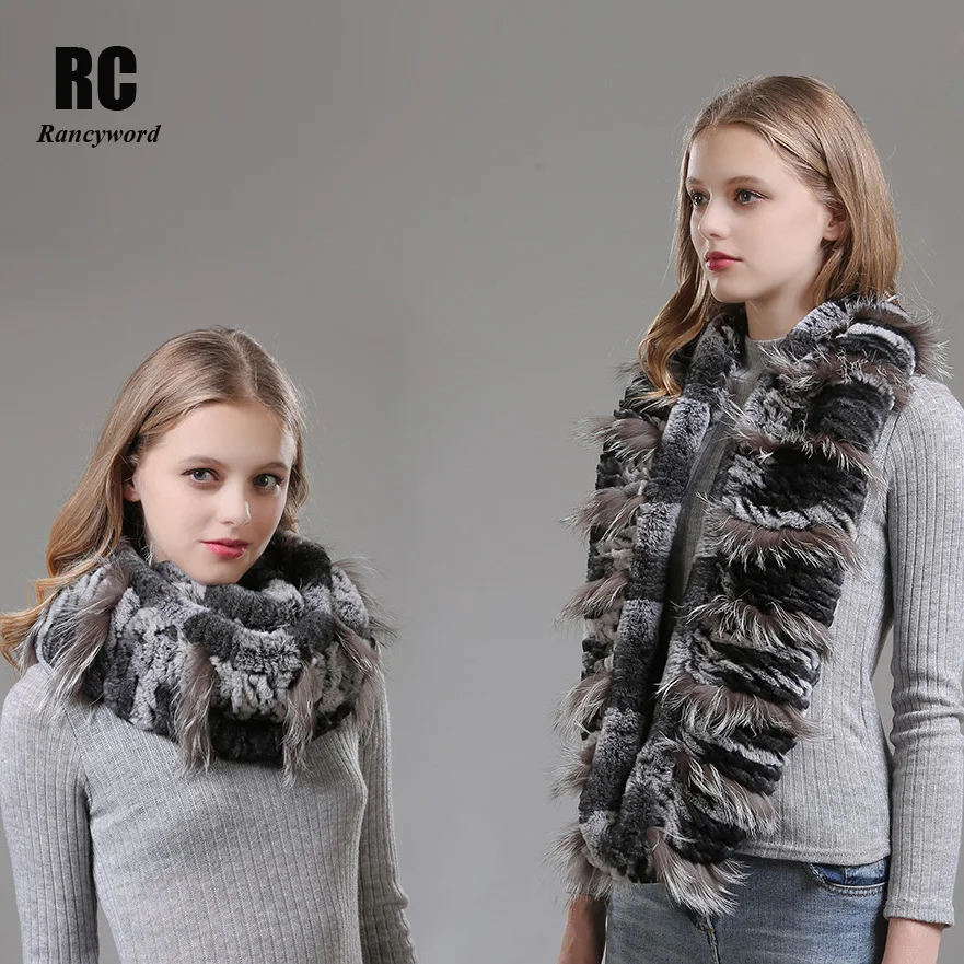 

[Rancyword] Real Rabbit Fur Scarf For Women Winter Scarves Long Luxury Natural Fur Scarf Collar Warm Neck Pompoms RC1378