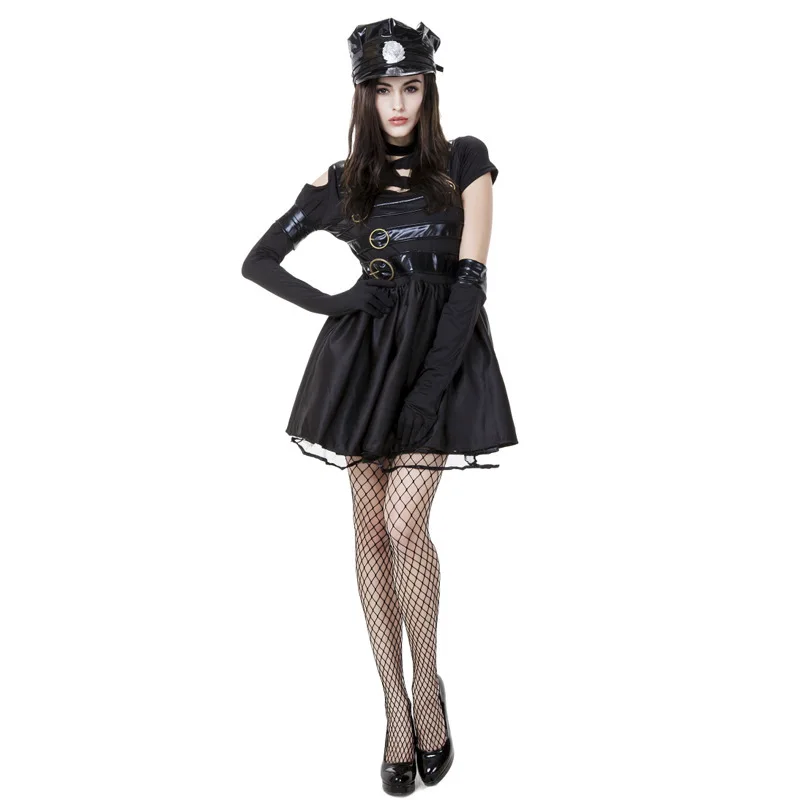

Adult Women Gothic Sexy Police Officer Cops Costume Dark Black Sexy Mini Dress Playful Temptation Uniform For Girls Plus Size
