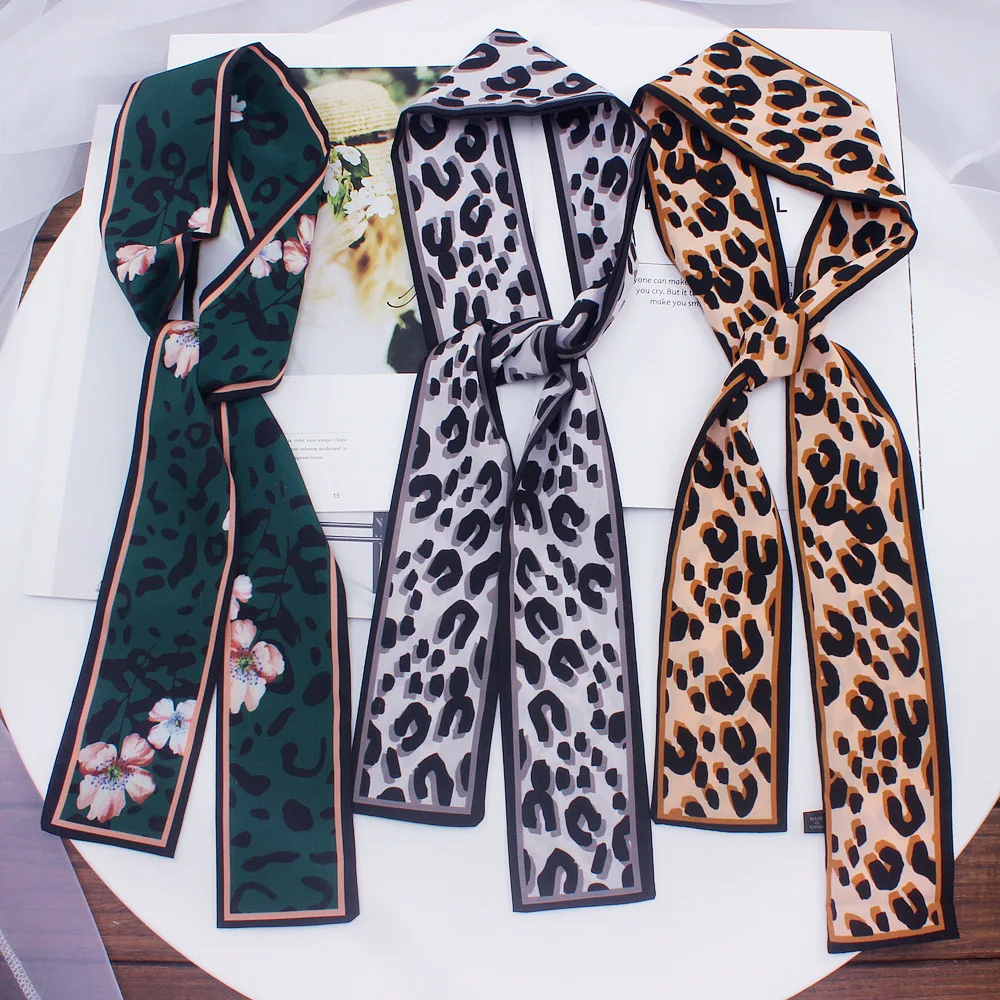 Модный дизайн, леопардовые обтягивающие шарфы, женские шелковые атласные Тонкие шарфы, двухсторонняя сумка с лентами, женский головной шарф, ретро Галстуки для волос