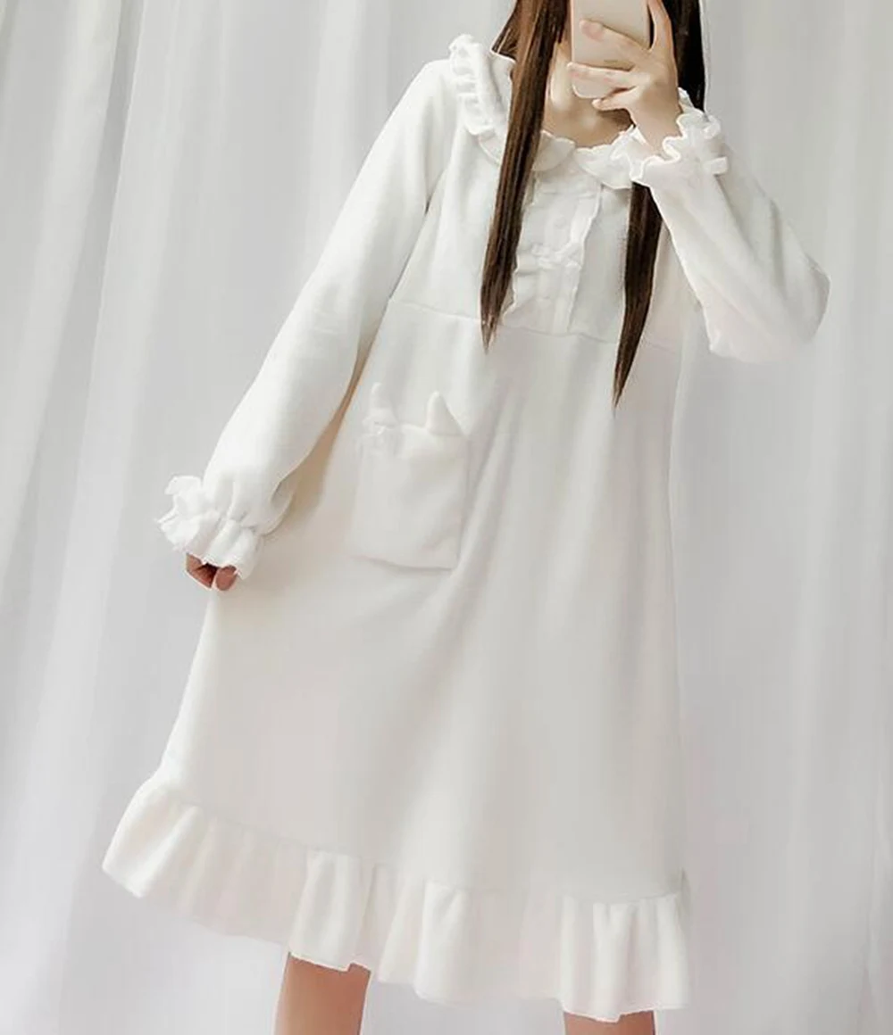 

Fleece Dress Women Sweet Pink Coral Nightgown Lingerie Nightdress Homewear