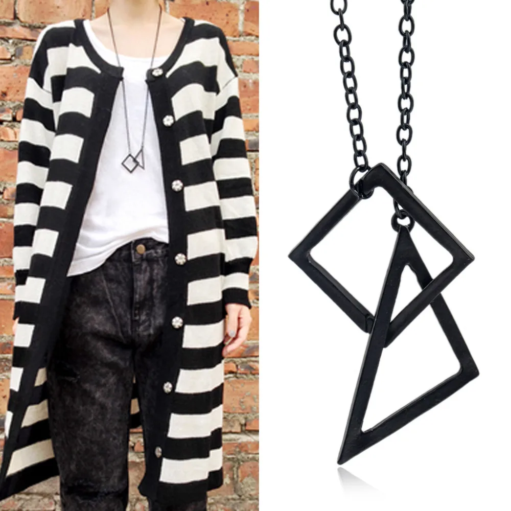 

Triangle Square Cross Pendant Necklaces Black Long Sweater Chain Hollow Geometric Statement Charm Women Men Punk Jewelry