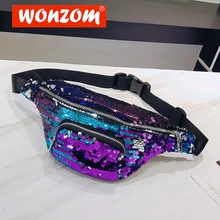 

WONZOM Unisex Sequin Waist Pack Mini Luxury Fanny Pack Bum Bag Money Belt Phone Bag Banana Bags Female Bling Belly Belt Bag