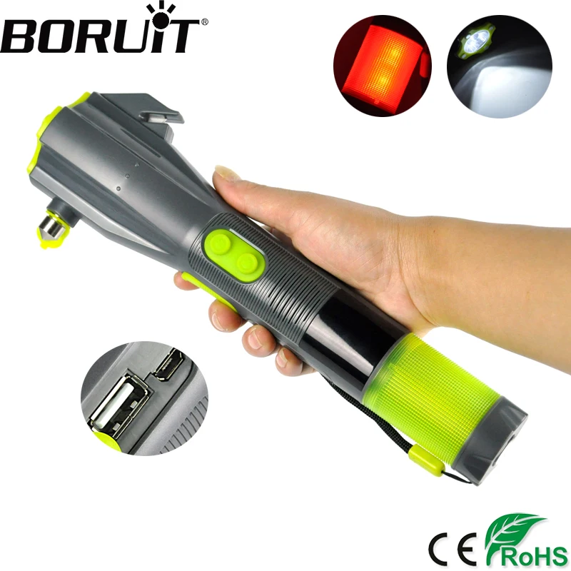 BORUiT Multifunction 3 LED Flashlight USB Hand Recharging Flash Light Power Bank Tactical Torch Safty hammer Compass Lantern