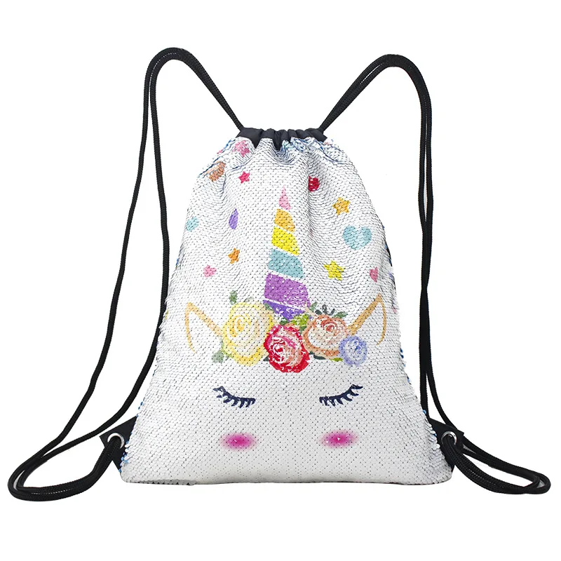 3D Printing Unicorn Sequins Drawstring Bag for Girls Travel Beach Storage Package Kids Cartoon School Backpacks Children Party
