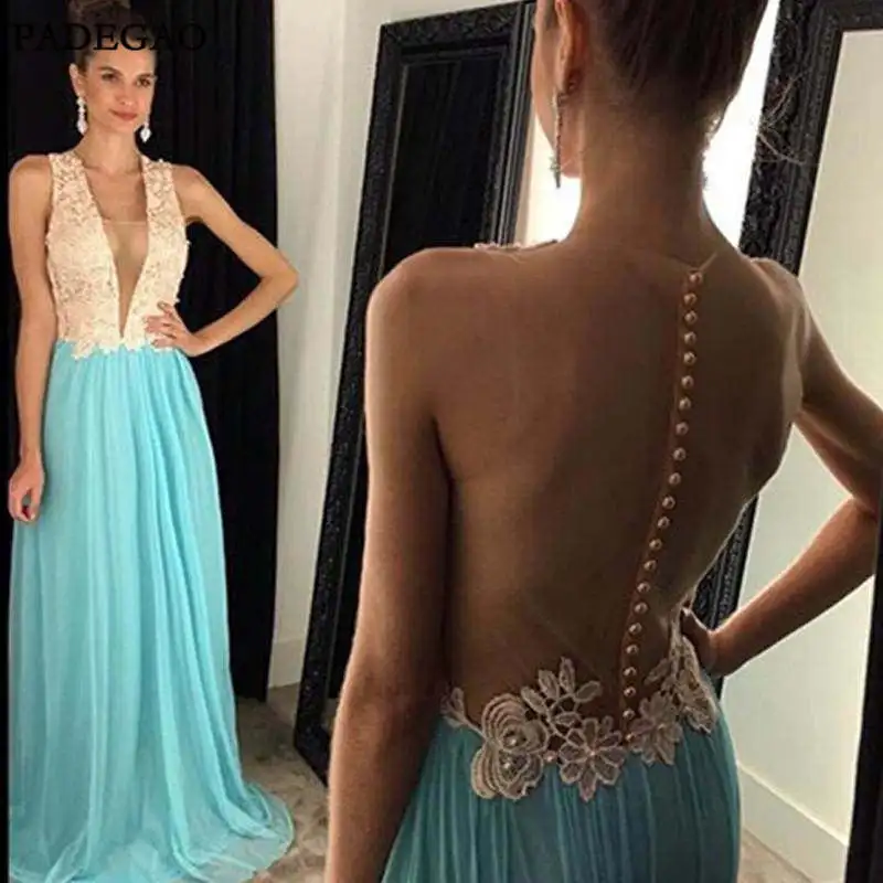 See Through Deep V Neck Sexy Blue Cheap Long Prom Dresses