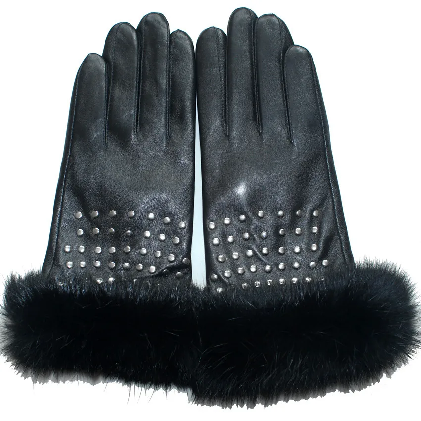 Женские импортные перчатки из овчины, перчатки из натурального меха лисы, модные зимние водительские перчатки с заклепками, женские перчатки из натуральной кожи AG-17 - Цвет: Черный