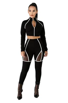 

New Design Full Sleeve Mesh Patchwork Women Fashion Two Piece Sets Women Suits