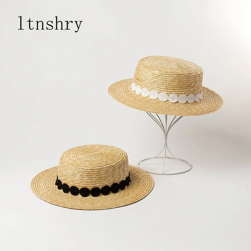 

Fashion Summer Sun Hat Women Wide Brim Visor Straw Hat Elegant Black White Lace Flat Beach Hat Ladies Cap for Vacation