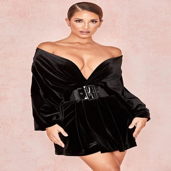 

2019 Summer Club the Newest Sexy Dresses With Sashes Black Sheath V-neck Velvet Above Knee Mini Dress Celebrity Party Vestidos