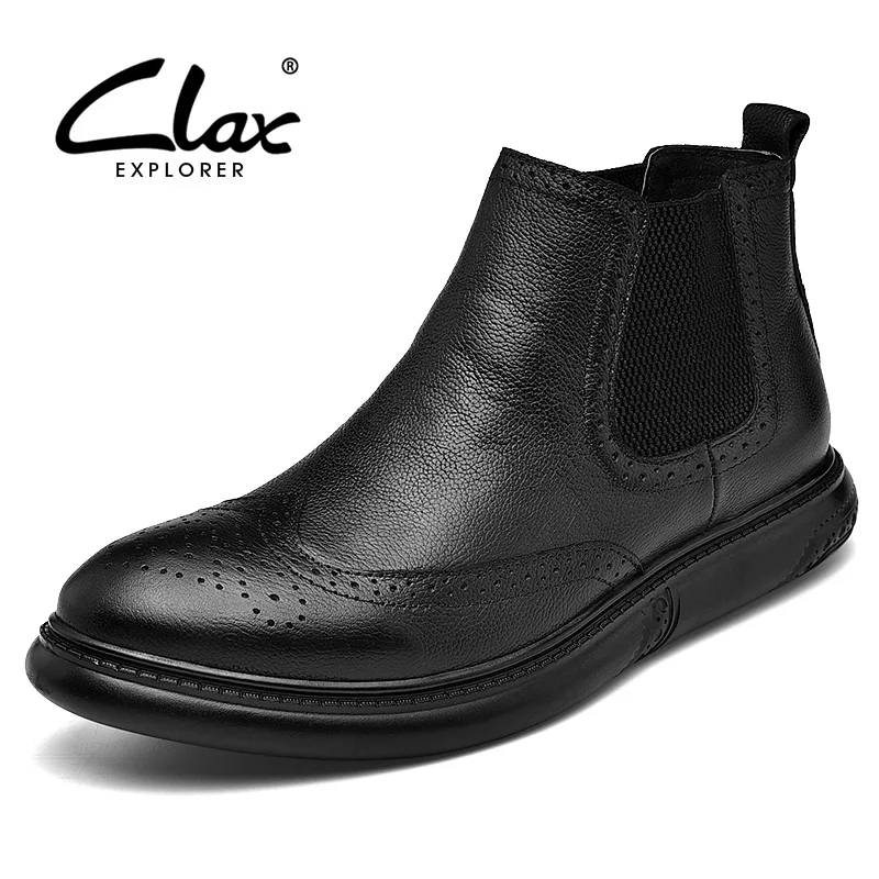 

CLAX Chelsea Boots Men 2019 Spring Autumn Genuine Leather Casual Shoes Male Winter Boot Plush Fur Snow Boot Plus Size