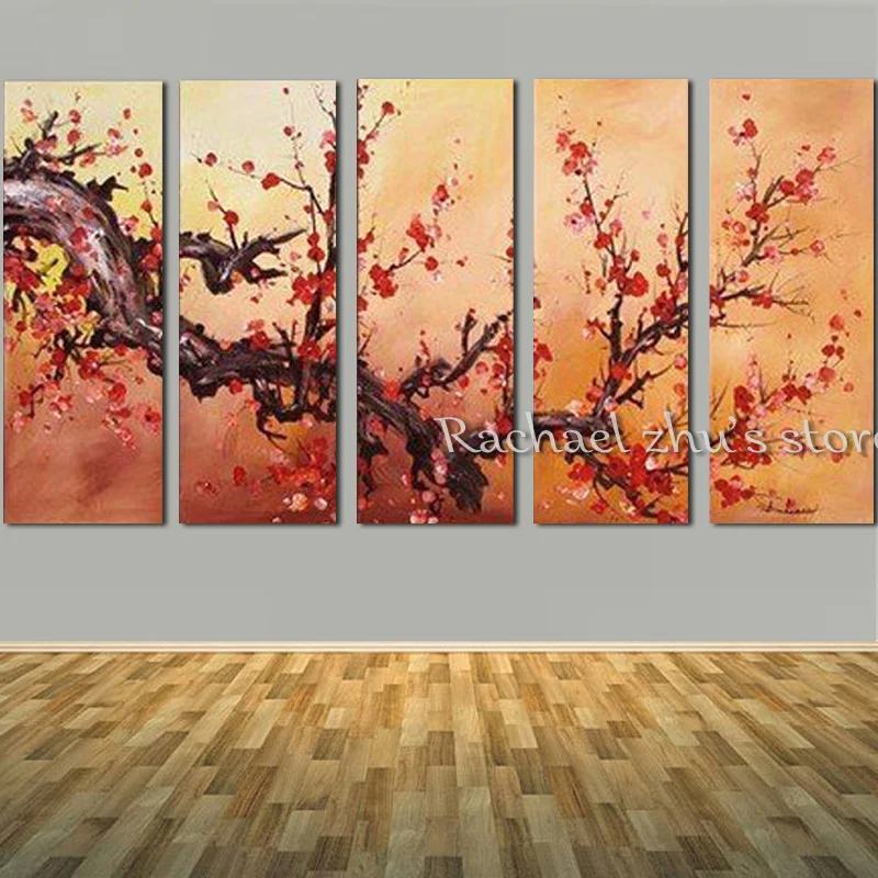 

Hand Painted wintersweet Flower Tree 5 Panles Oil Painting On Canvas wintersweet Tree Wall Picturers For Living Room Home Decor