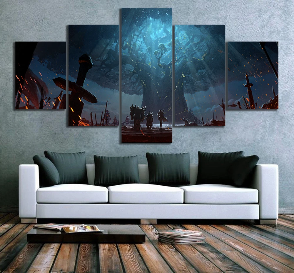 5 Panel Wand Kunst Leinwand modulare Bilder HD Teldrassil World of Warcraft Azeroth Bilder Hauptdekoration@30x40cmx2 30x60cmx2 30x80cmx1-gerahmt