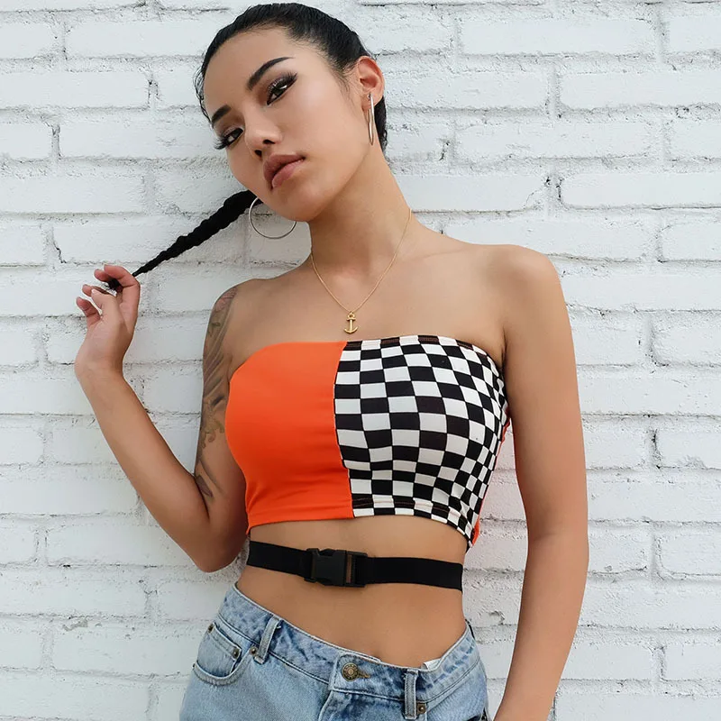 

NCLAGEN 2018 New Women Checkerboard Plaid Camis Navel Bare Crop Buckle Mujer Nightclub Tops Slim Slash Neck Backless Tank Tops