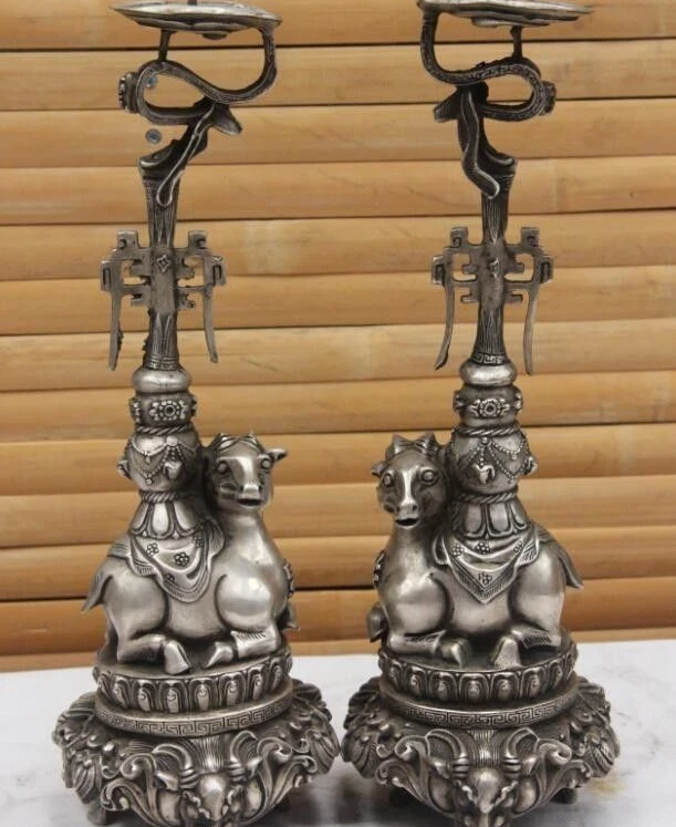 

China White Copper silver Sheep Goath beast Head Candlestick Candle holders Pair