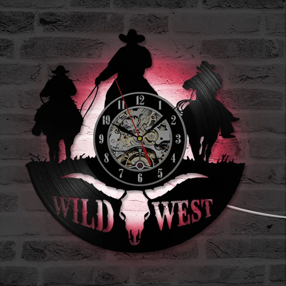 Ceny 3D Wild West płyta winylowa zegar ścienny Texas Cowboys CD zegar ścienny spersonalizowany Home Decor antyczny LED ścienny wiszący zegar